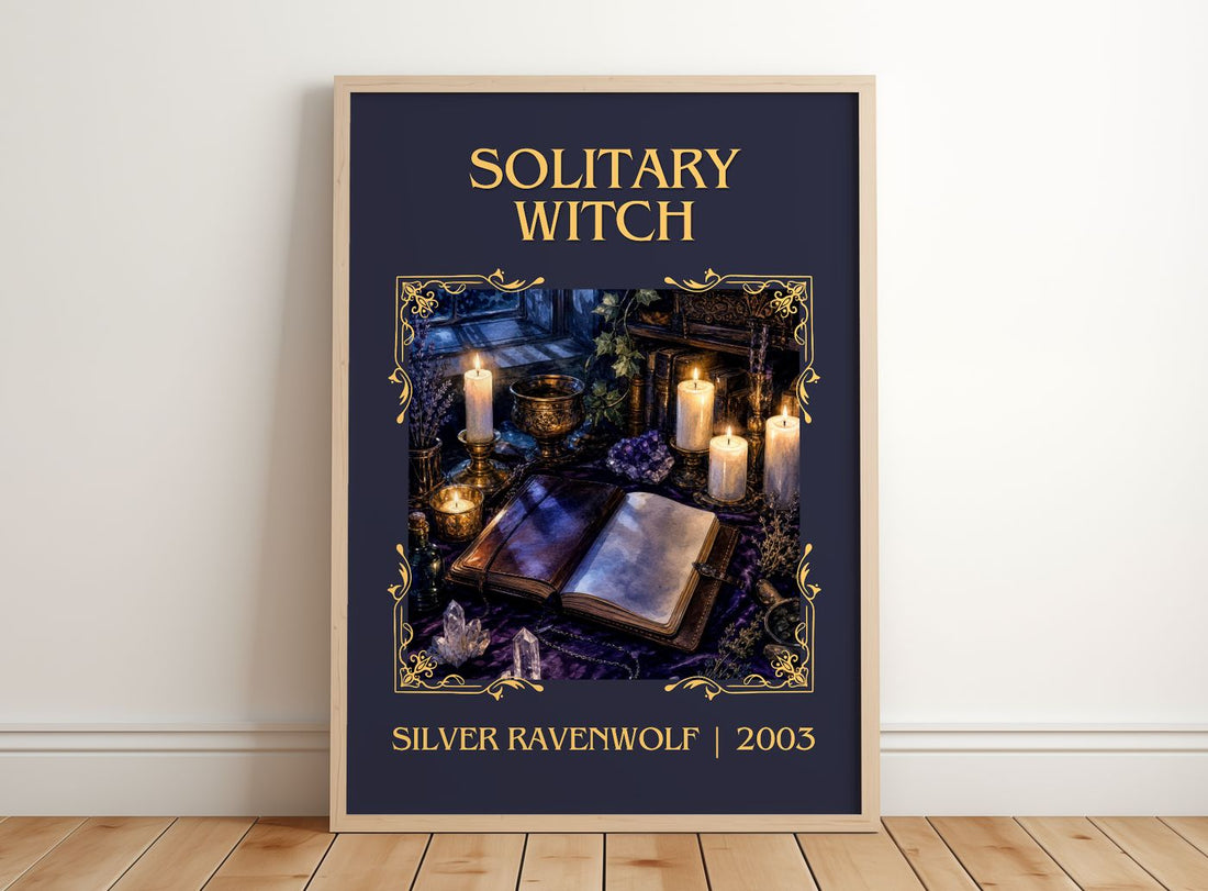Solitary Witch Classic Book Art Print by Silver Ravenwolf – framed print leaning on a wooden floor