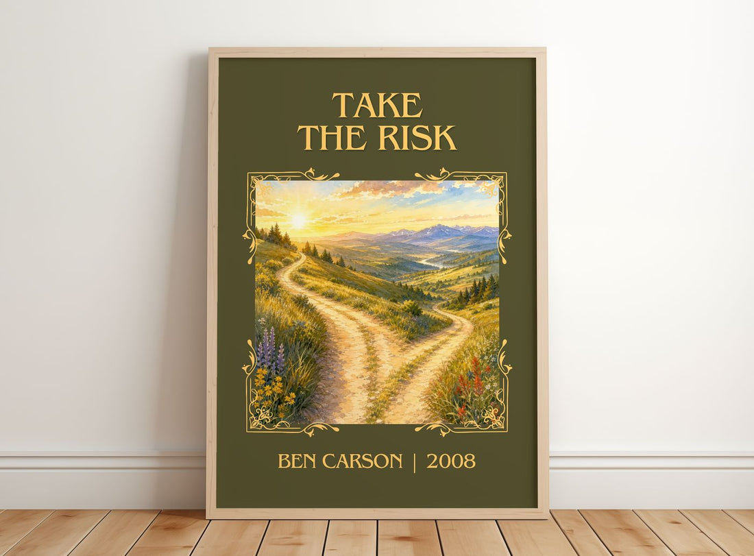 Take the risk Classic Book Art Print by Ben Carson – framed print leaning on a wooden floor