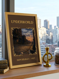 Underworld Classic Book Art Print by Don DeLillo – framed print on a city-view windowsill
