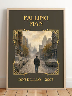Falling Man Classic Book Art Print by Don DeLillo – framed print leaning on a wooden floor