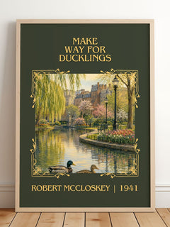 Make Way for Ducklings Classic Book Art Print by Robert McCloskey – framed print leaning on a wooden floor