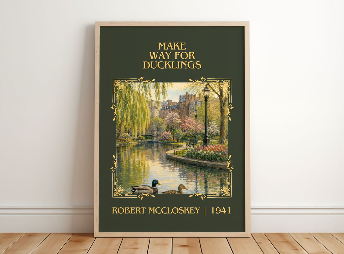 Make Way for Ducklings Classic Book Art Print by Robert McCloskey – framed print leaning on a wooden floor