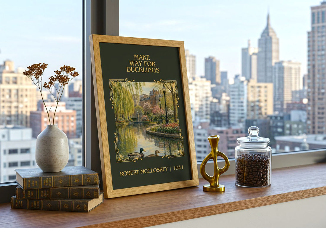 Make Way for Ducklings Classic Book Art Print by Robert McCloskey – framed print on a city-view windowsill
