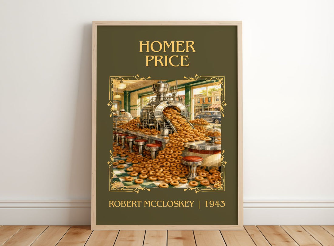 Homer Price Classic Book Art Print by Robert McCloskey – framed print leaning on a wooden floor