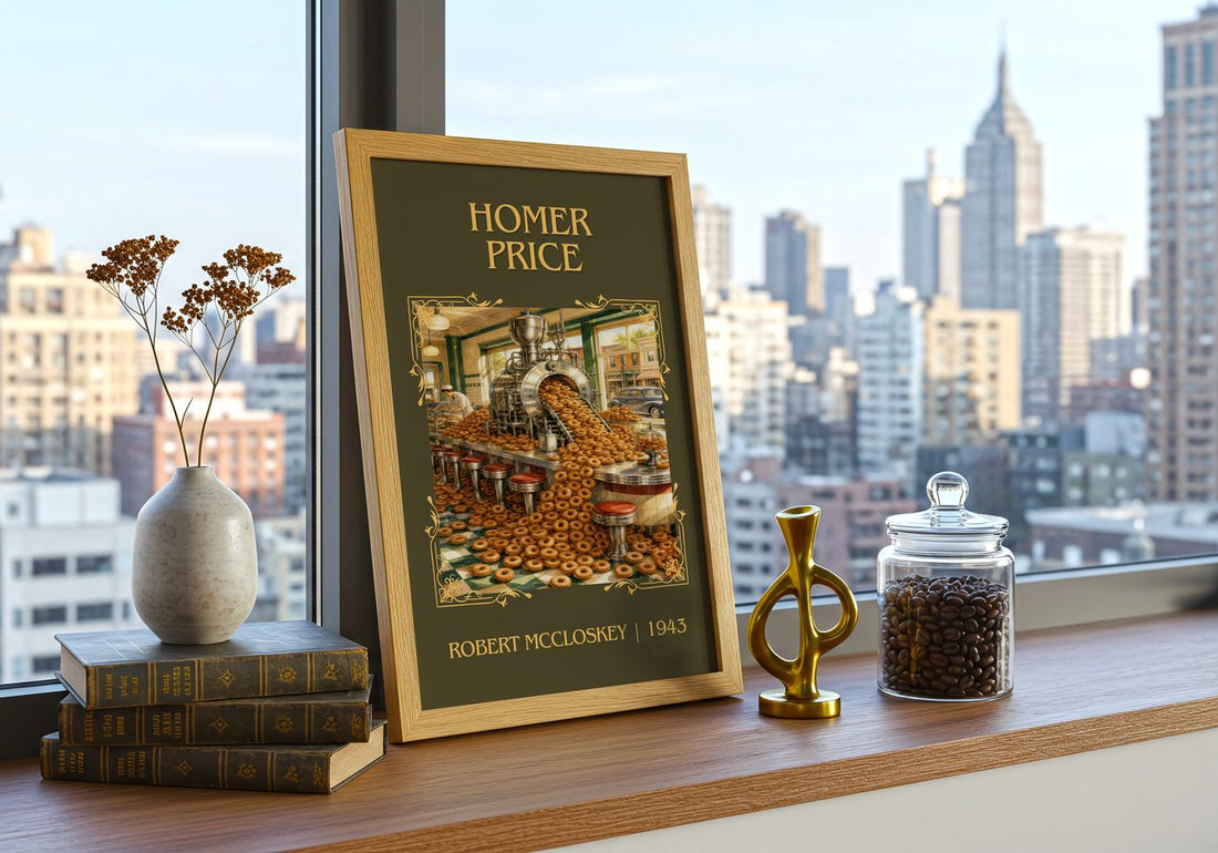 Homer Price Classic Book Art Print by Robert McCloskey – framed print on a city-view windowsill