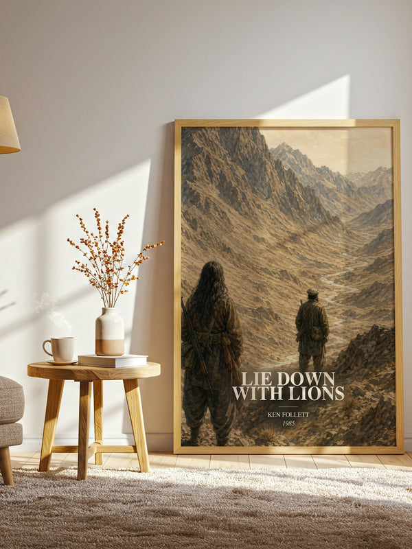 Lie Down With Lions watercolour print in frame leaning in hallway – thriller wall art