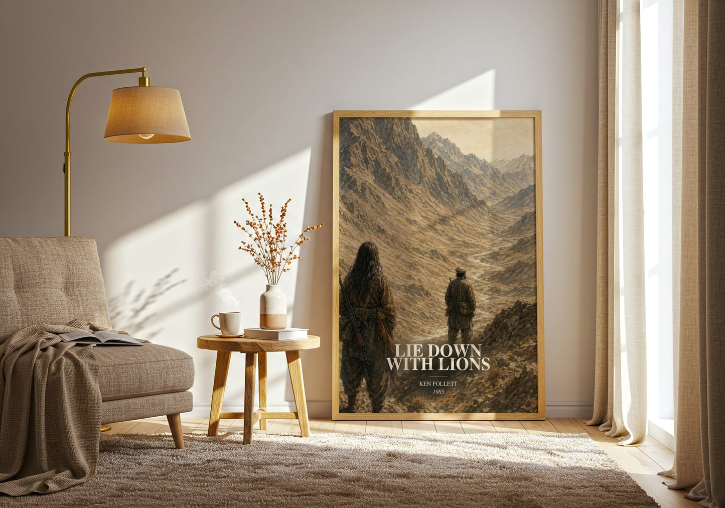Lie Down With Lions watercolour print in frame leaning in hallway – thriller wall art