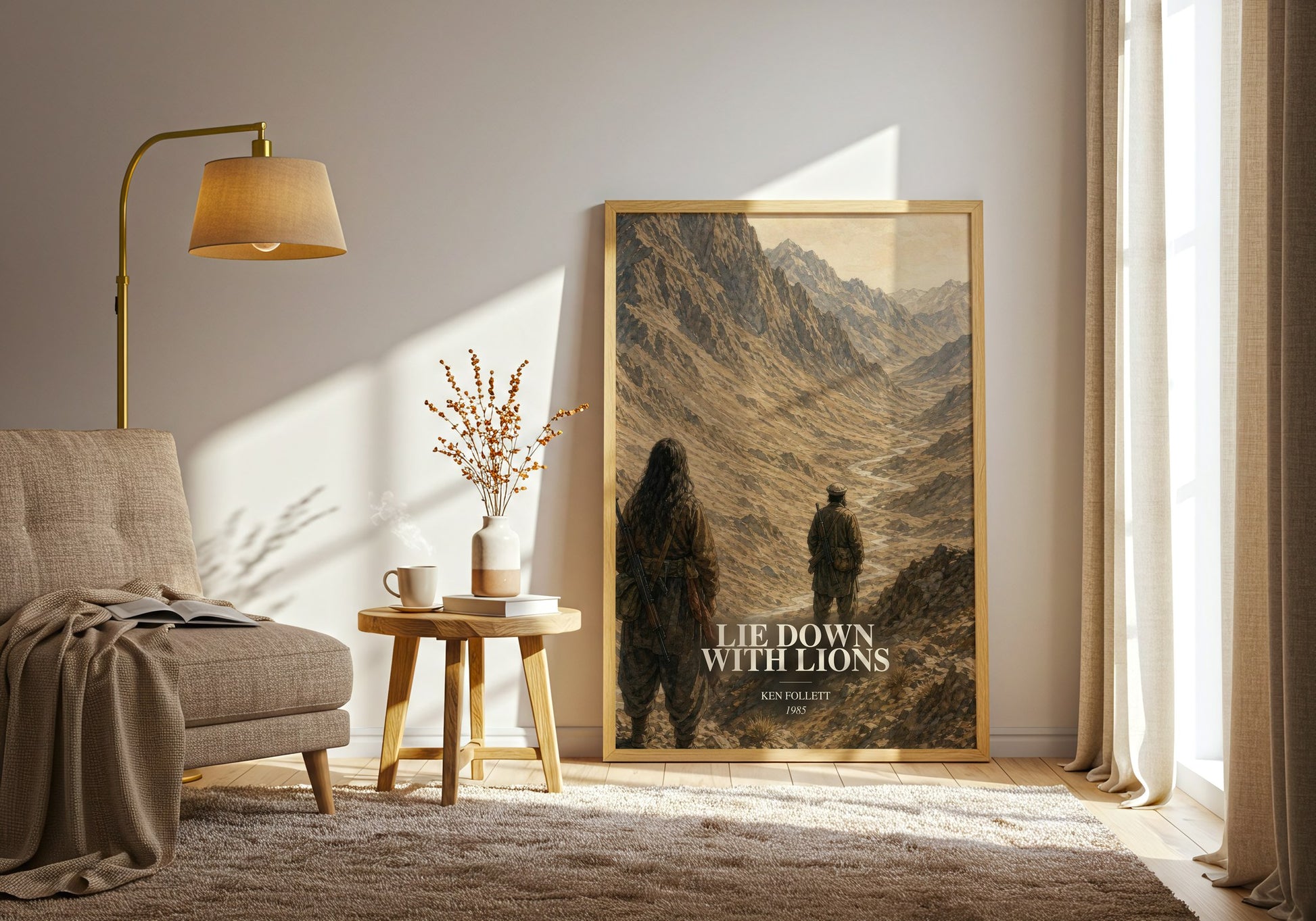 Lie Down With Lions watercolour print in frame leaning in hallway – thriller wall art