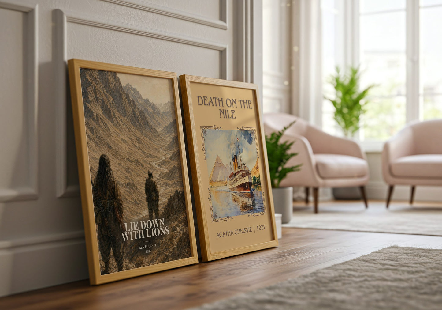 Lie Down With Lions watercolour print framed by window – literary home decor
