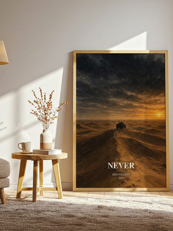 Never watercolour print in frame leaning in hallway – thriller wall art