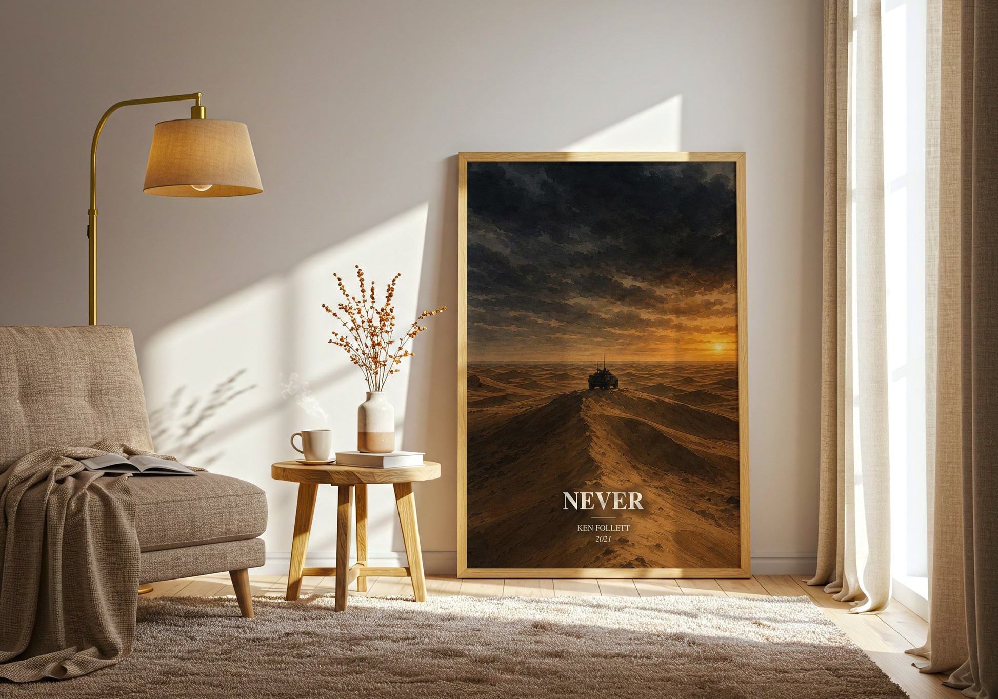 Never watercolour print in frame leaning in hallway – thriller wall art