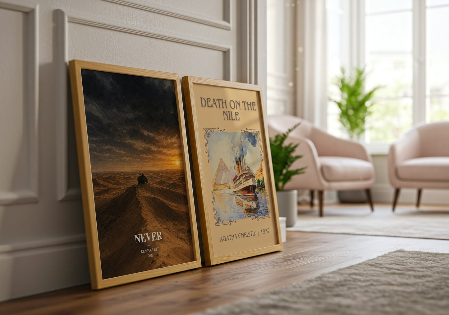 Never watercolour print framed by window – literary home decor