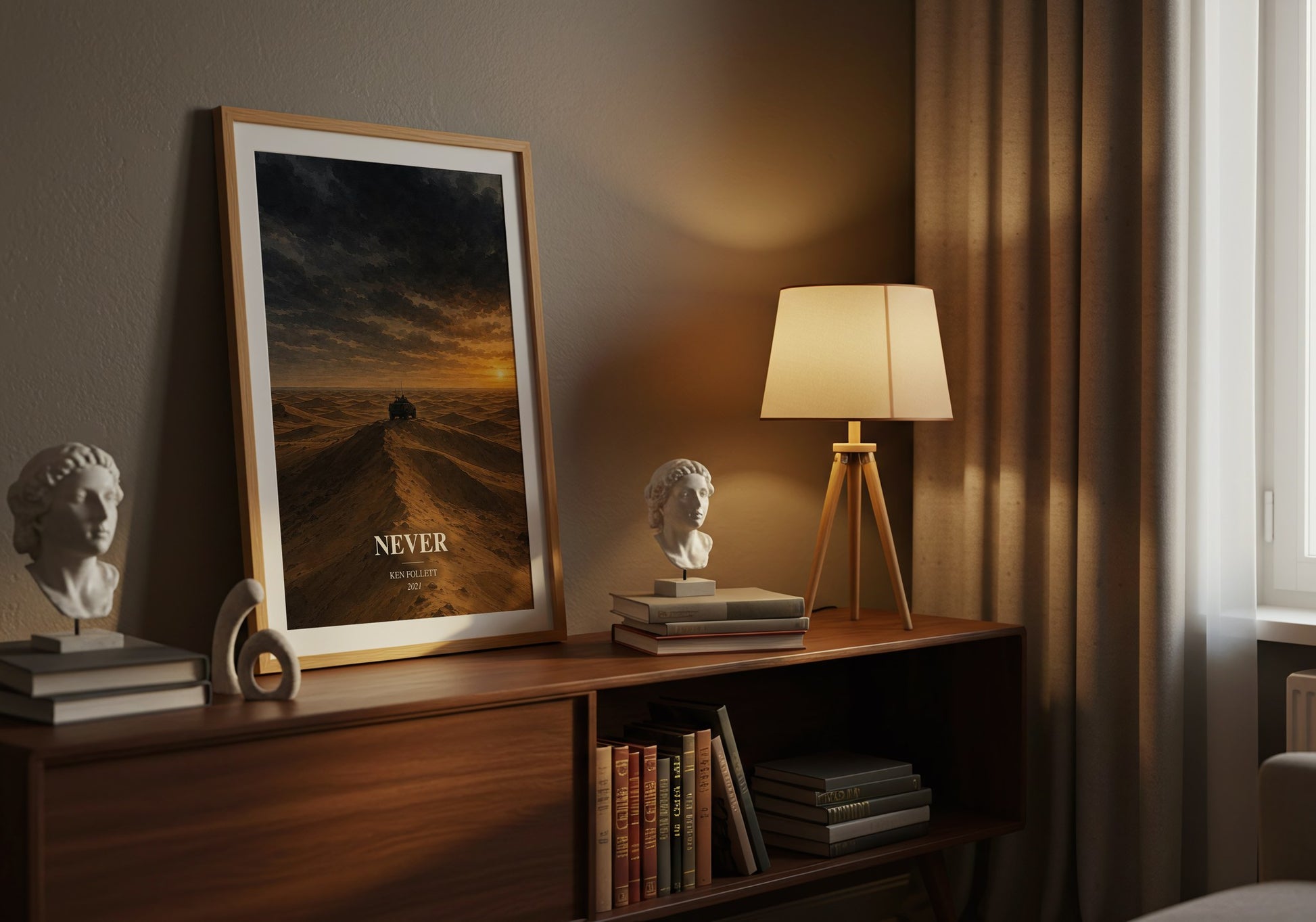 Never watercolour print on bookshelf – Ken Follett fan gift