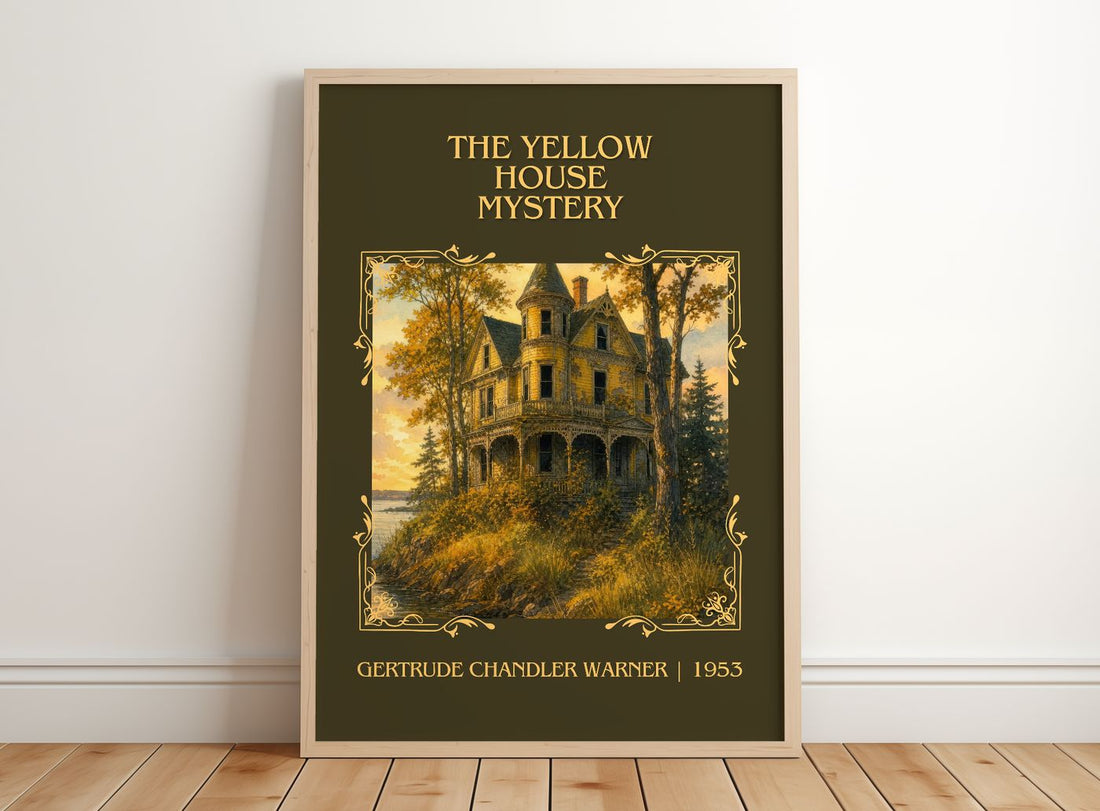 Yellow House Mystery Classic Book Art Print by G. Warner – framed print leaning on a wooden floor