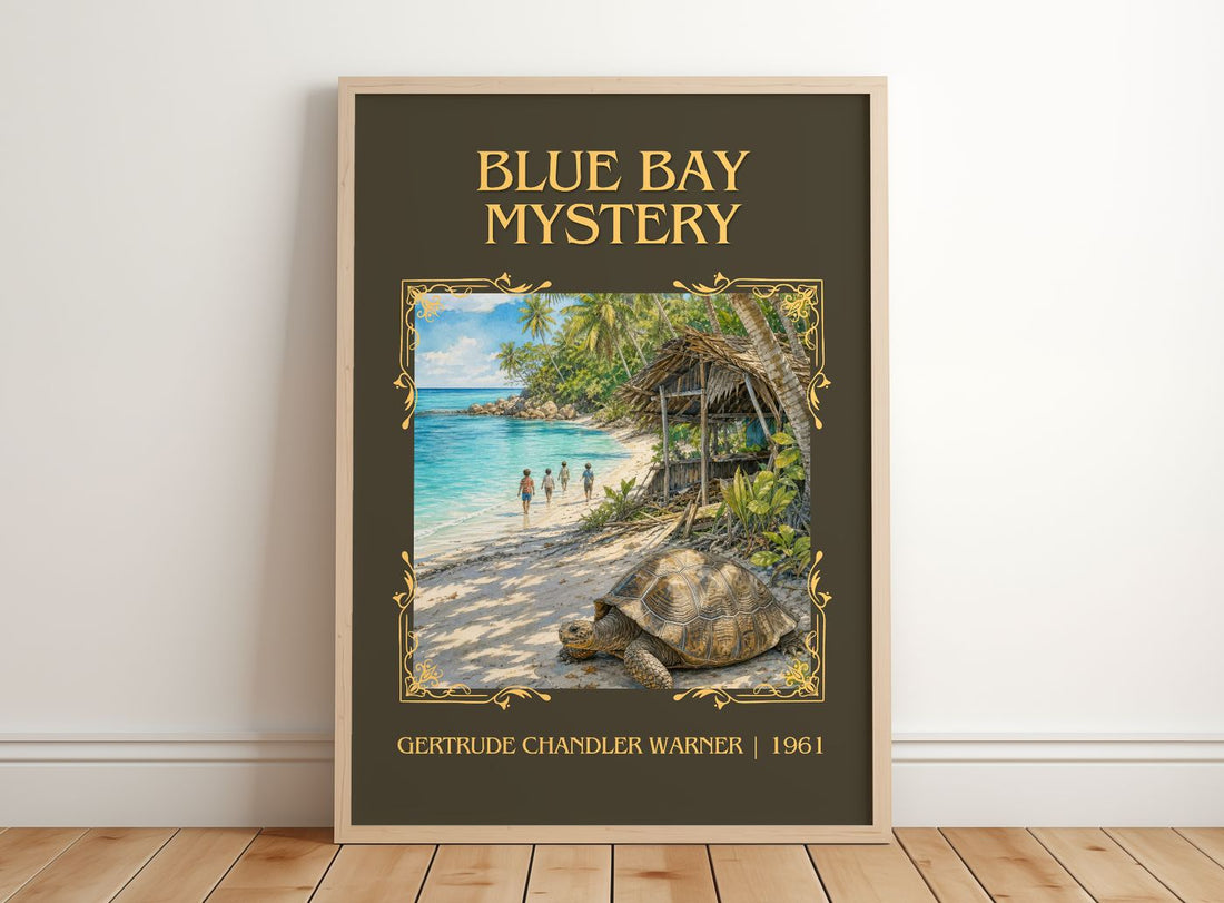 Blue Bay Mystery Classic Book Art Print by Gertrude Chandler Warner – framed print leaning on a wooden floor