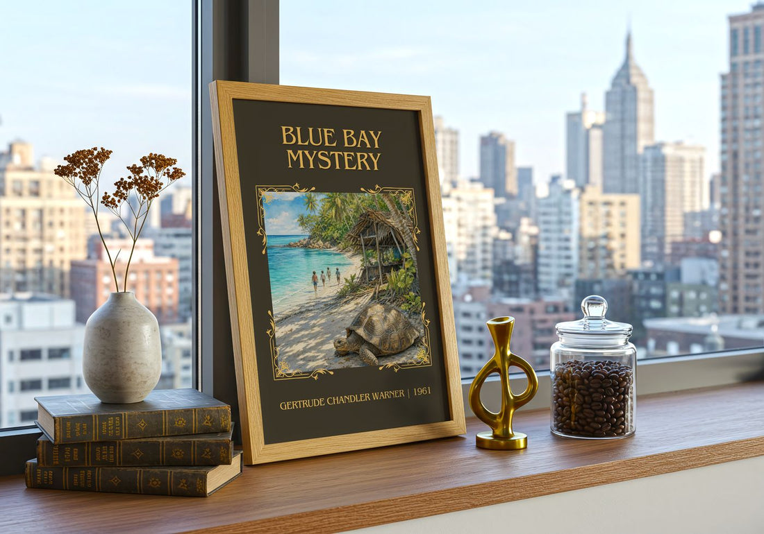 Blue Bay Mystery Classic Book Art Print by Gertrude Chandler Warner – framed print on a city-view windowsill