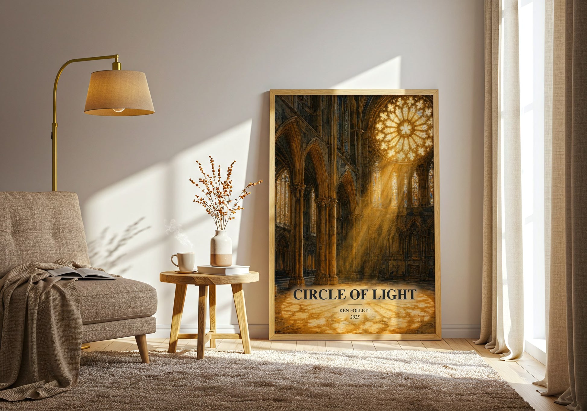 Circle Of Light watercolour print in frame leaning in hallway – thriller wall art