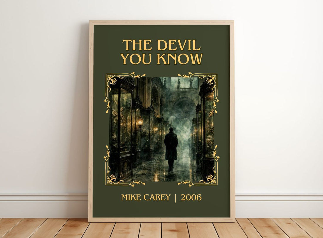 The Devil You Know Classic Book Art Print by Mike Carey – framed print leaning on a wooden floor