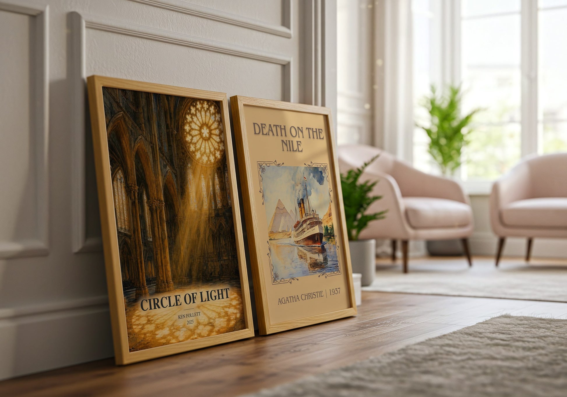 Circle Of Light watercolour print framed by window – literary home decor