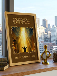 Understanding the Purpose and Power of Prayer Classic Book Art Print by Myles Munroe – framed print on a city-view windowsill