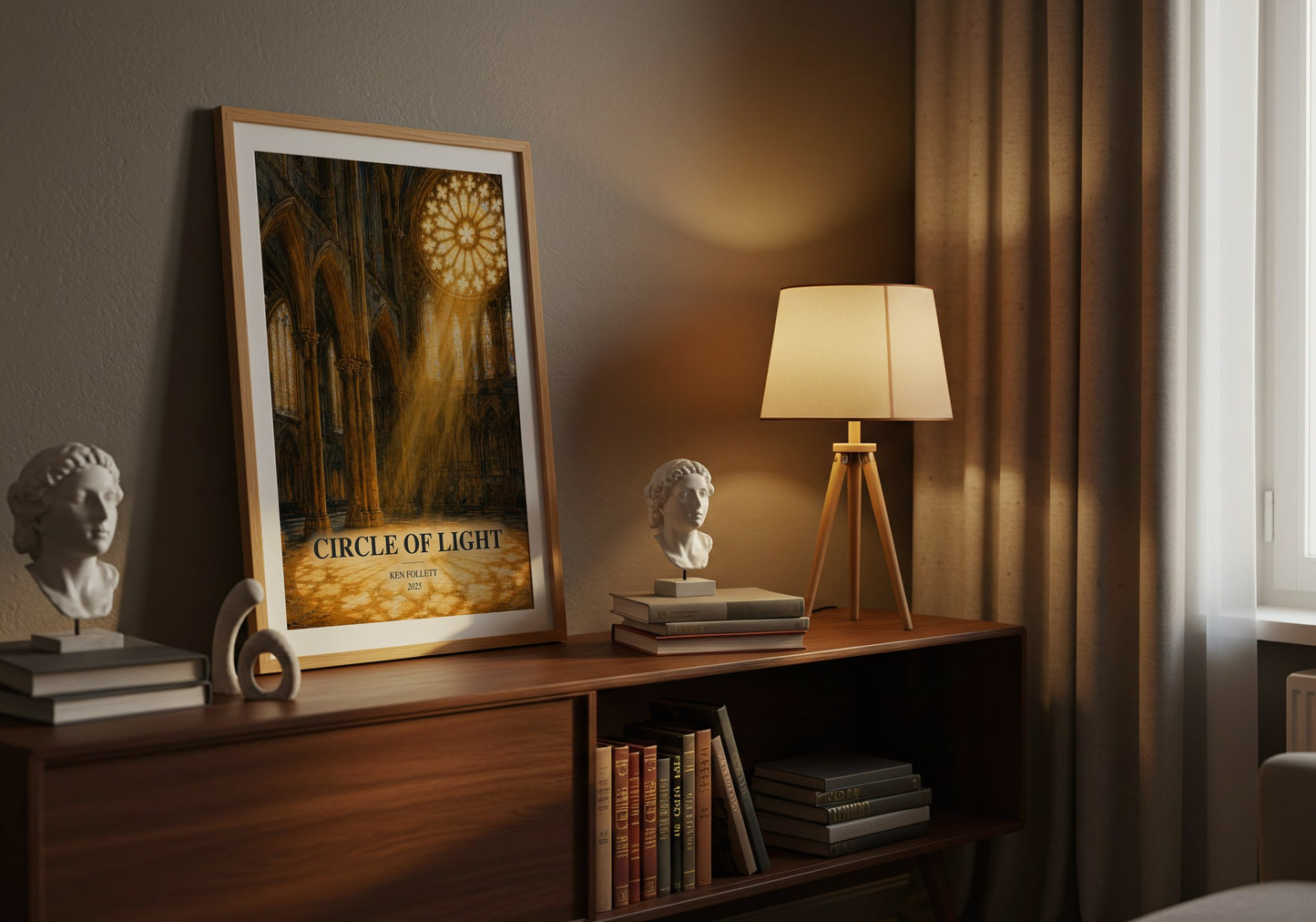 Circle Of Light watercolour print on bookshelf – Ken Follett fan gift