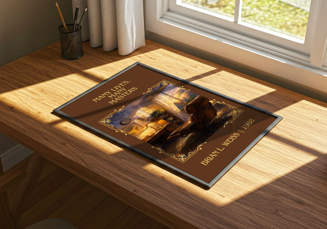 Many Lives, Many Masters Classic Book Art Print by Brian L. Weiss – print on a sunlit desk