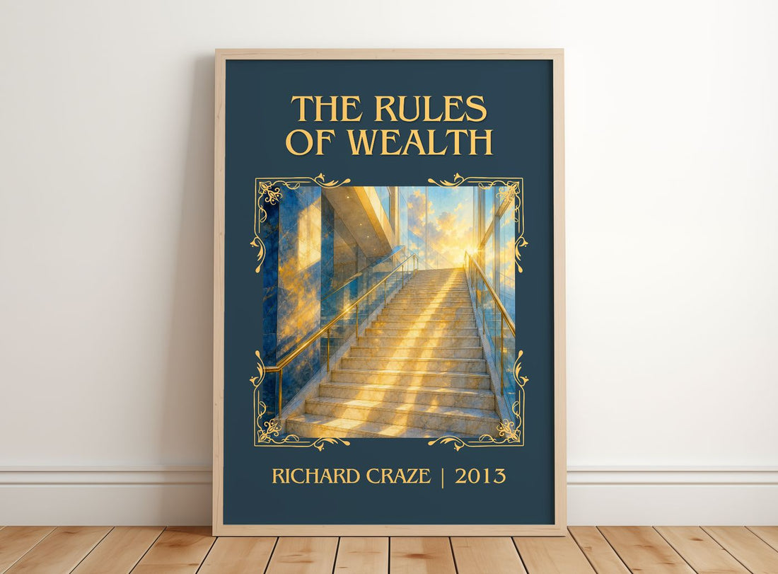 The Rules of Wealth Classic Book Art Print by Richard Craze – framed print leaning on a wooden floor