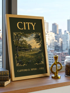 City Classic Book Art Print by Clifford D. Simak – framed print on a city-view windowsill