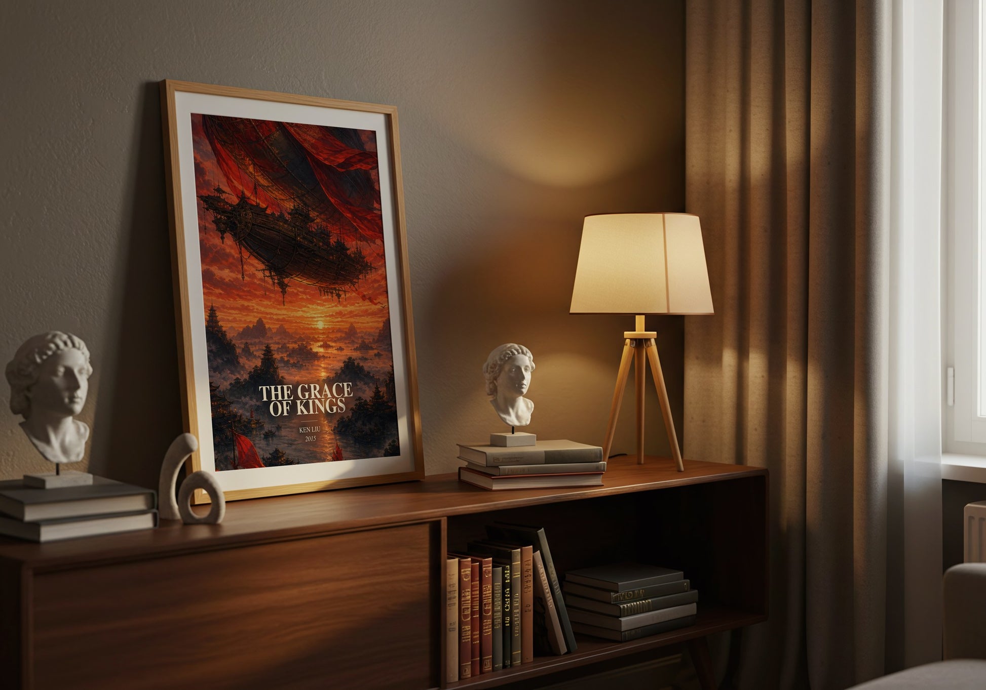 The Grace Of Kings watercolour print on bookshelf – Ken Liu fan gift