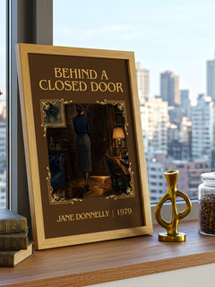 Behind A Closed Door Classic Book Art Print by Jane Donnelly – framed print on a city-view windowsill