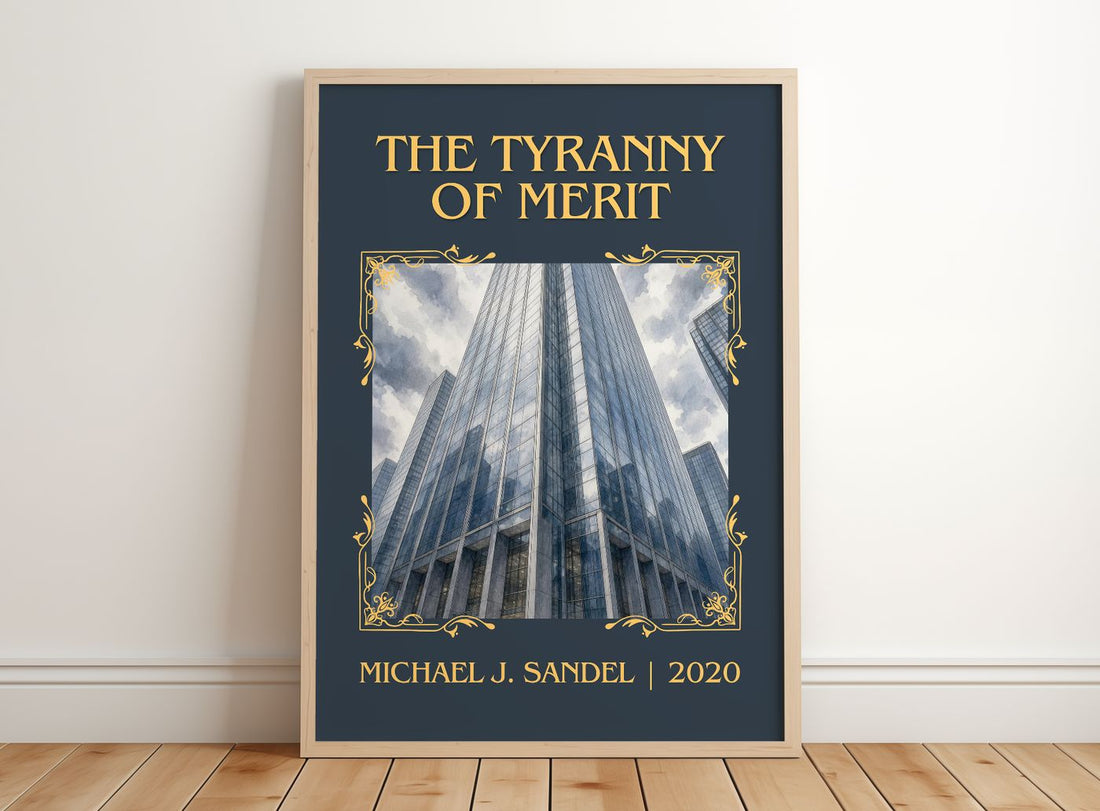 The Tyranny of Merit Classic Book Art Print by Michael J. Sandel – framed print leaning on a wooden floor