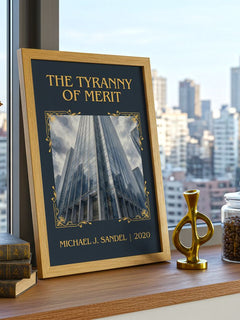 The Tyranny of Merit Classic Book Art Print by Michael J. Sandel – framed print on a city-view windowsill