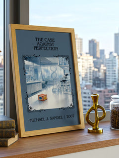 Case against Perfection Classic Book Art Print by Michael J. Sandel – framed print on a city-view windowsill