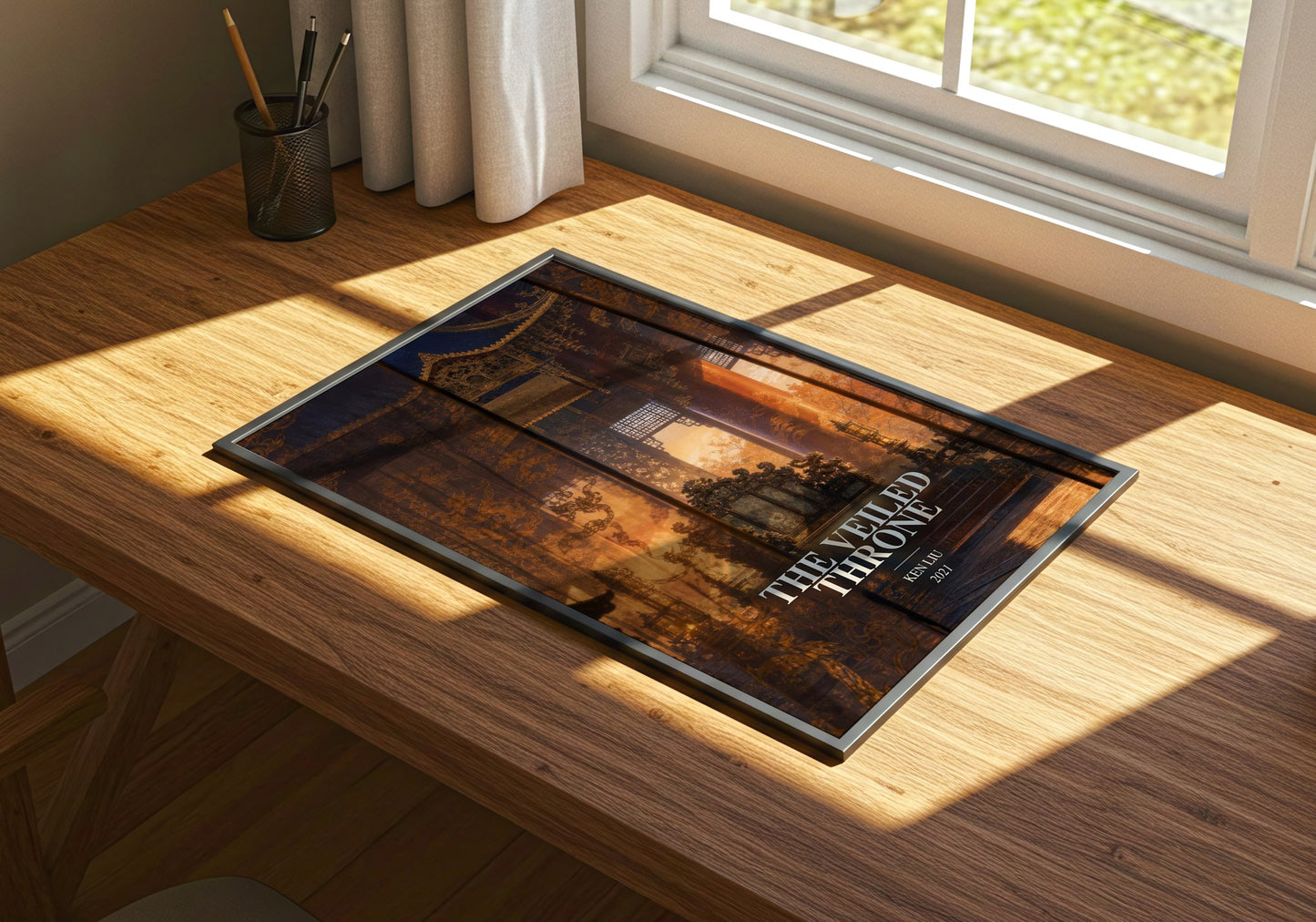 The Veiled Throne watercolour book poster framed on wall – fantasy wall art
