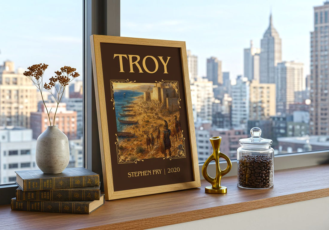 Troy Classic Book Art Print by Stephen Fry – framed print on a city-view windowsill
