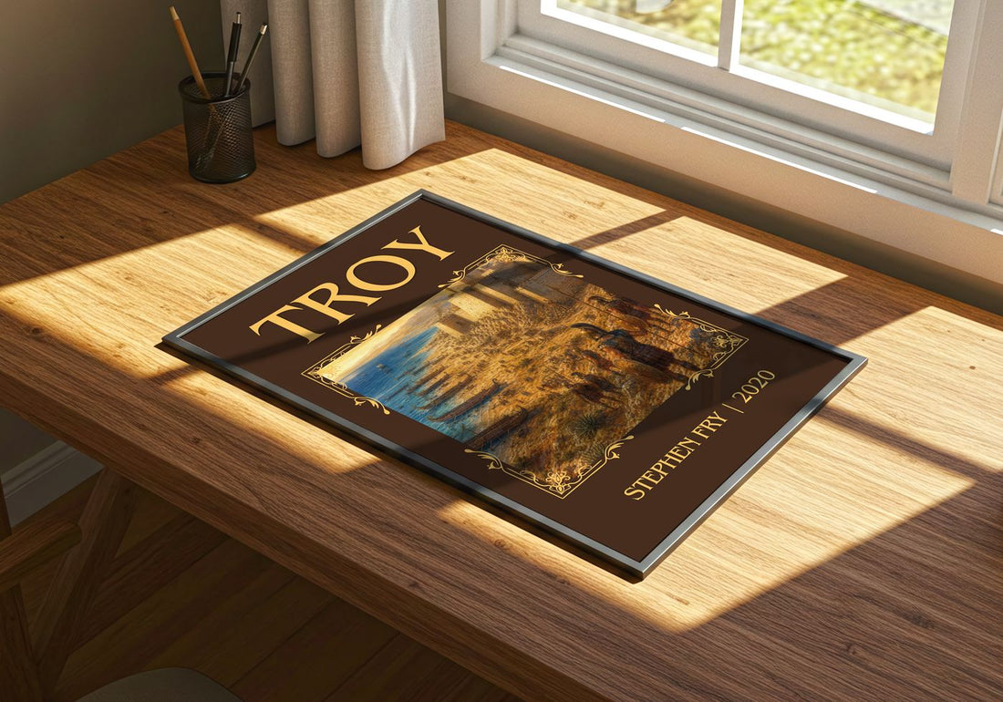 Troy Classic Book Art Print by Stephen Fry – print on a sunlit desk