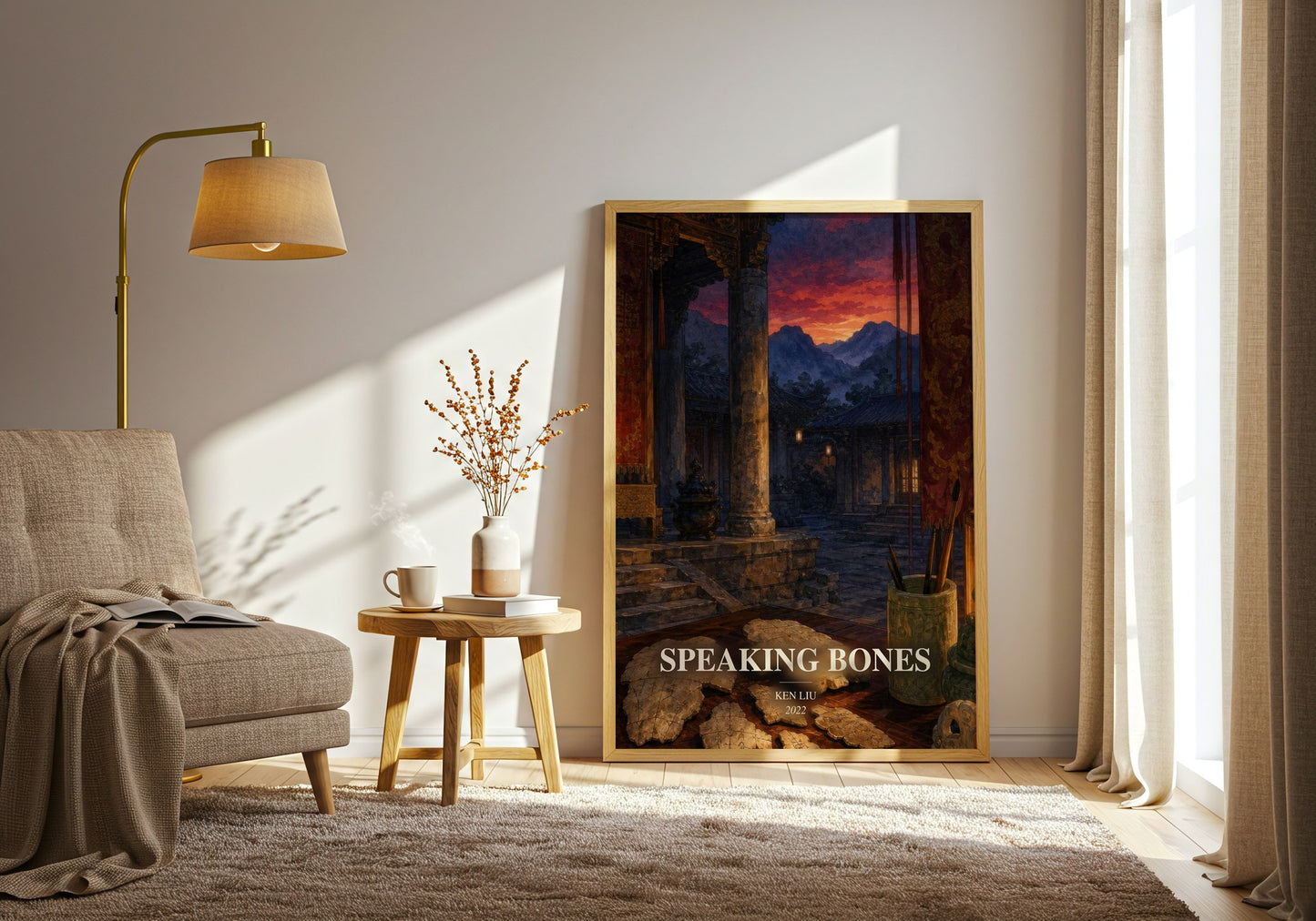 Speaking Bones watercolour print in frame leaning in hallway – fantasy wall art