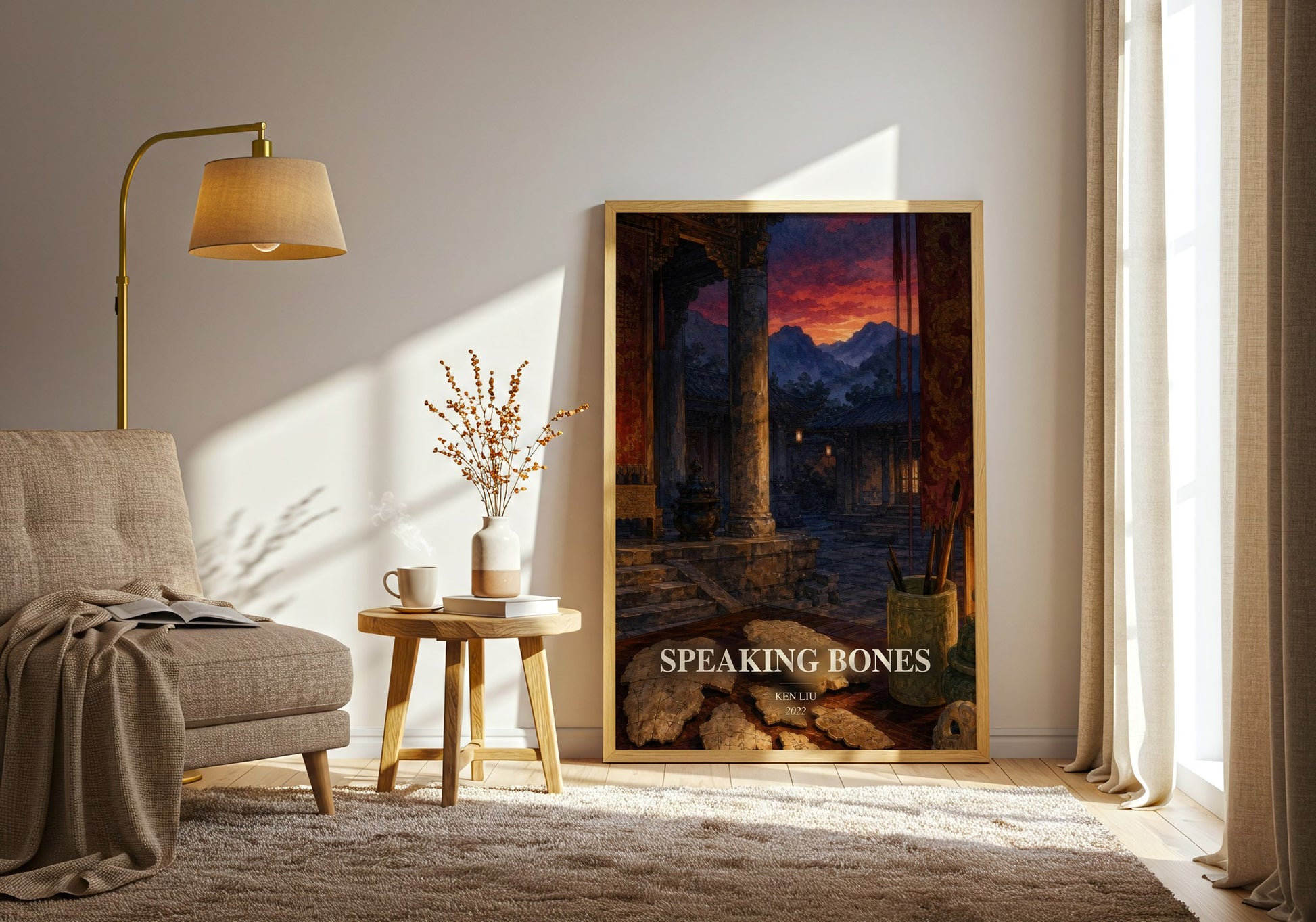Speaking Bones watercolour print in frame leaning in hallway – fantasy wall art