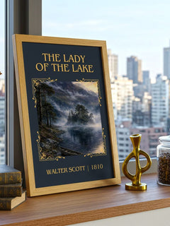 The lady of the lake Classic Book Art Print by Walter Scott – framed print on a city-view windowsill