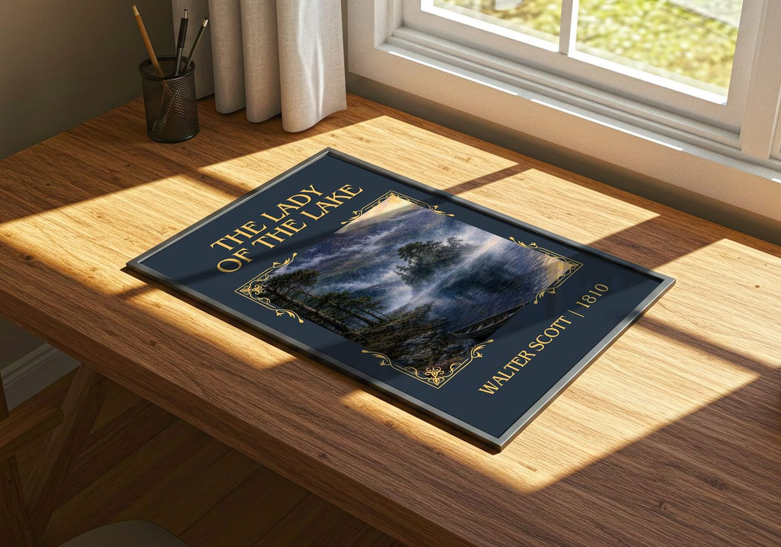 The lady of the lake Classic Book Art Print by Walter Scott – print on a sunlit desk