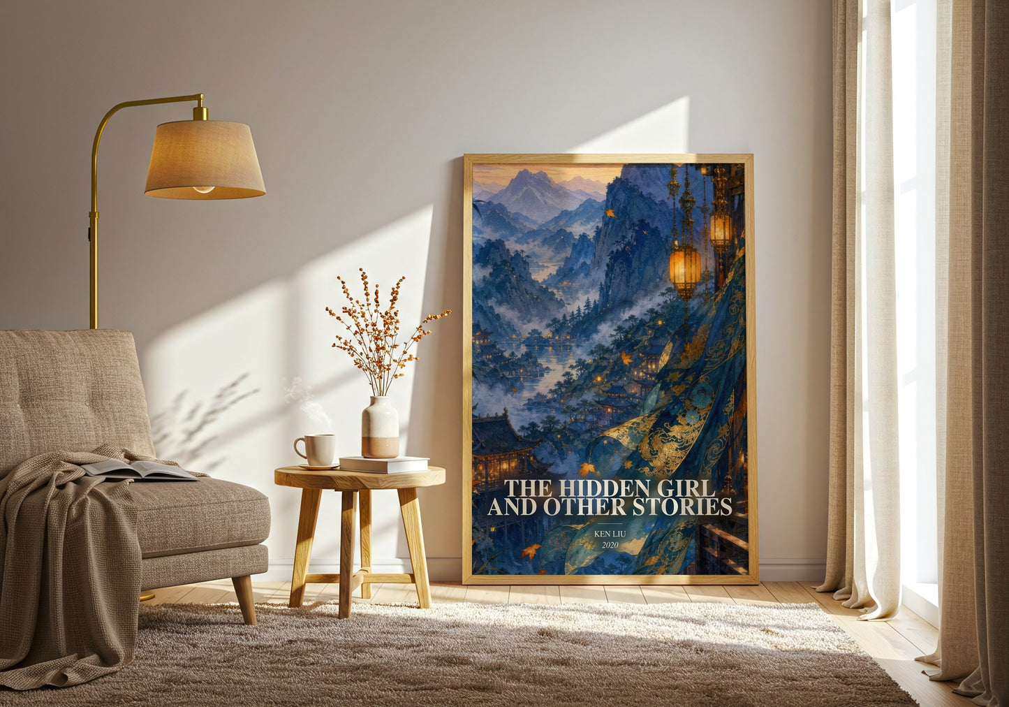 The Hidden Girl And Other Stories watercolour print in frame leaning in hallway – sci fi wall art