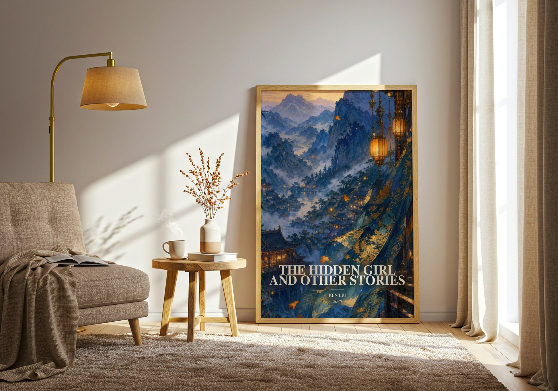 The Hidden Girl And Other Stories watercolour print in frame leaning in hallway – sci fi wall art