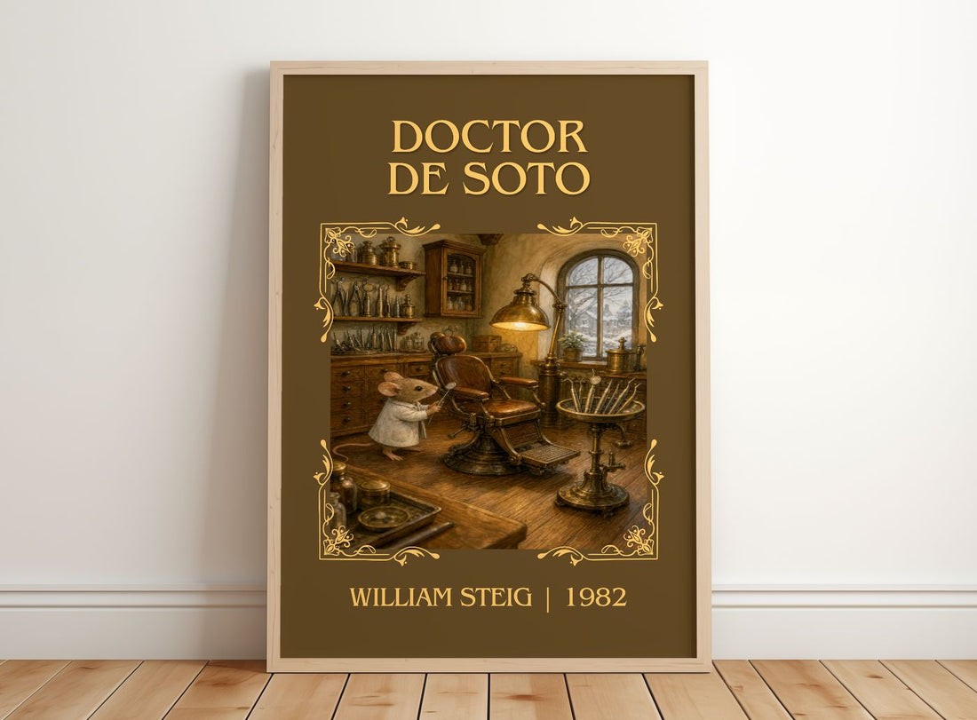 Doctor De Soto Classic Book Art Print by William Steig – framed print leaning on a wooden floor