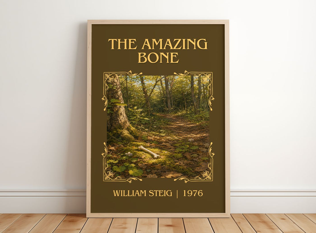 The amazing bone Classic Book Art Print by William Steig – framed print leaning on a wooden floor