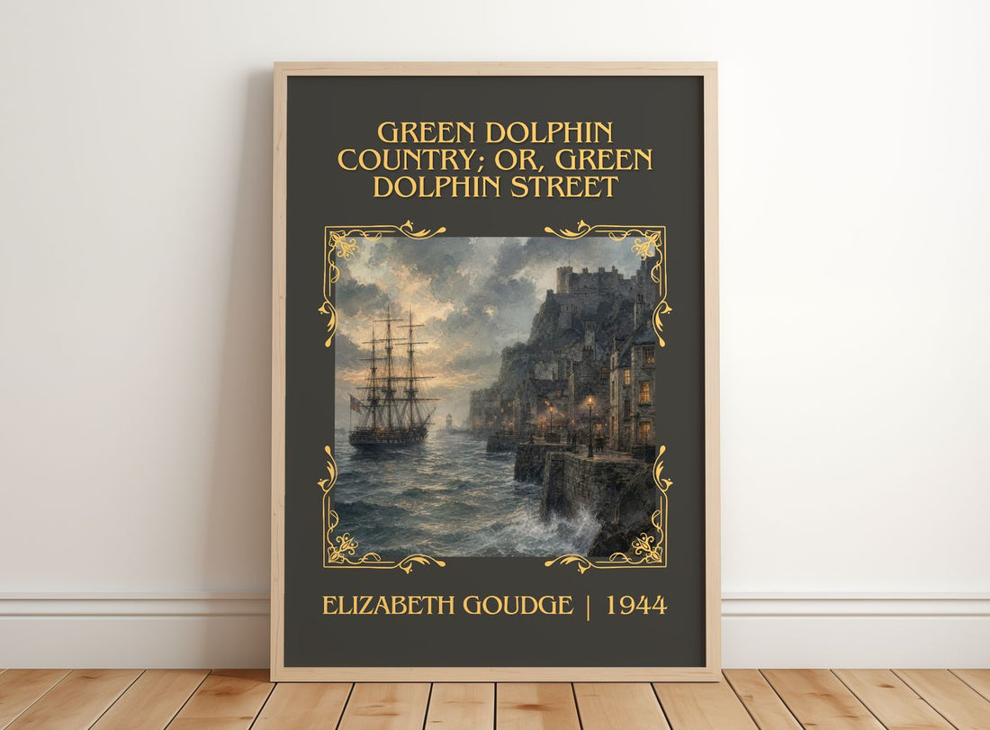 Green Dolphin Country; or, Green Dolphin Street Classic Book Art Print by Elizabeth Goudge – framed print leaning on a wooden floor