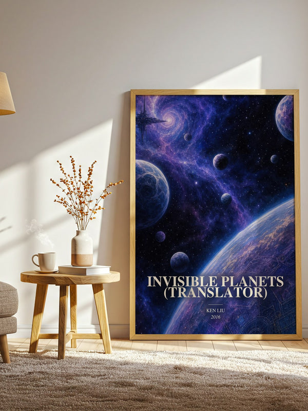 Invisible Planets (Translator) watercolour print in frame leaning in hallway – sci fi wall art