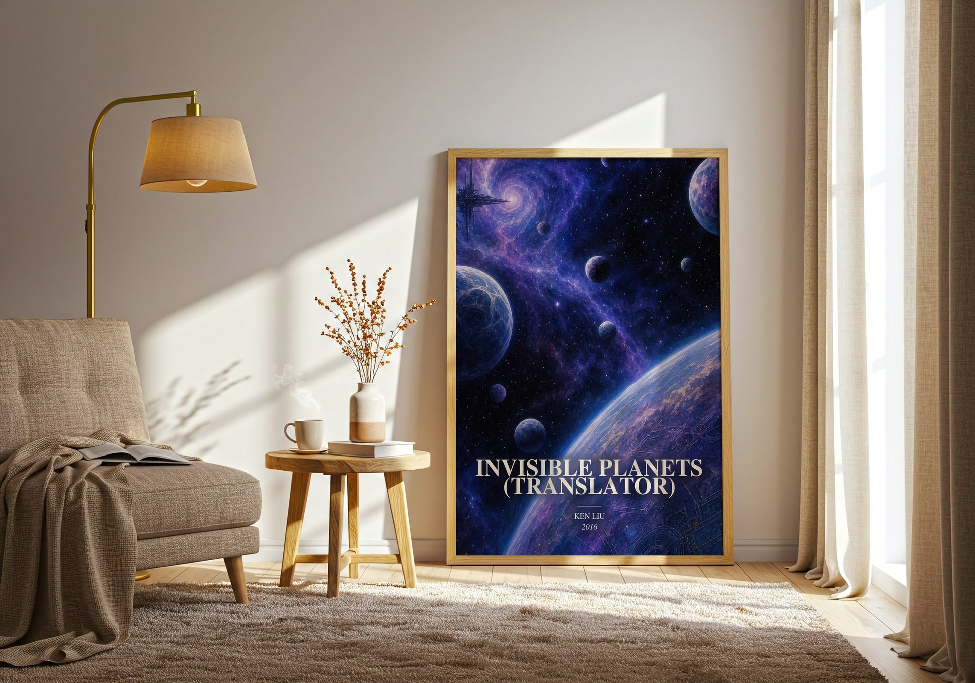Invisible Planets (Translator) watercolour print in frame leaning in hallway – sci fi wall art