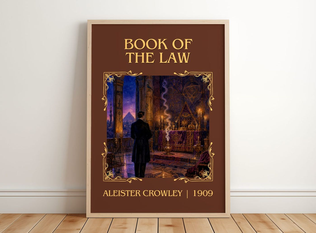 Book of the Law Classic Book Art Print by Aleister Crowley – framed print leaning on a wooden floor