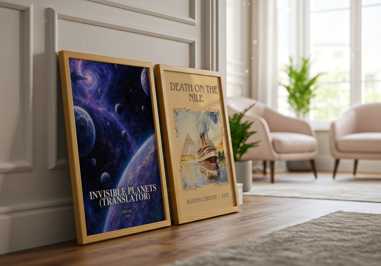 Invisible Planets (Translator) watercolour print framed by window – literary home decor