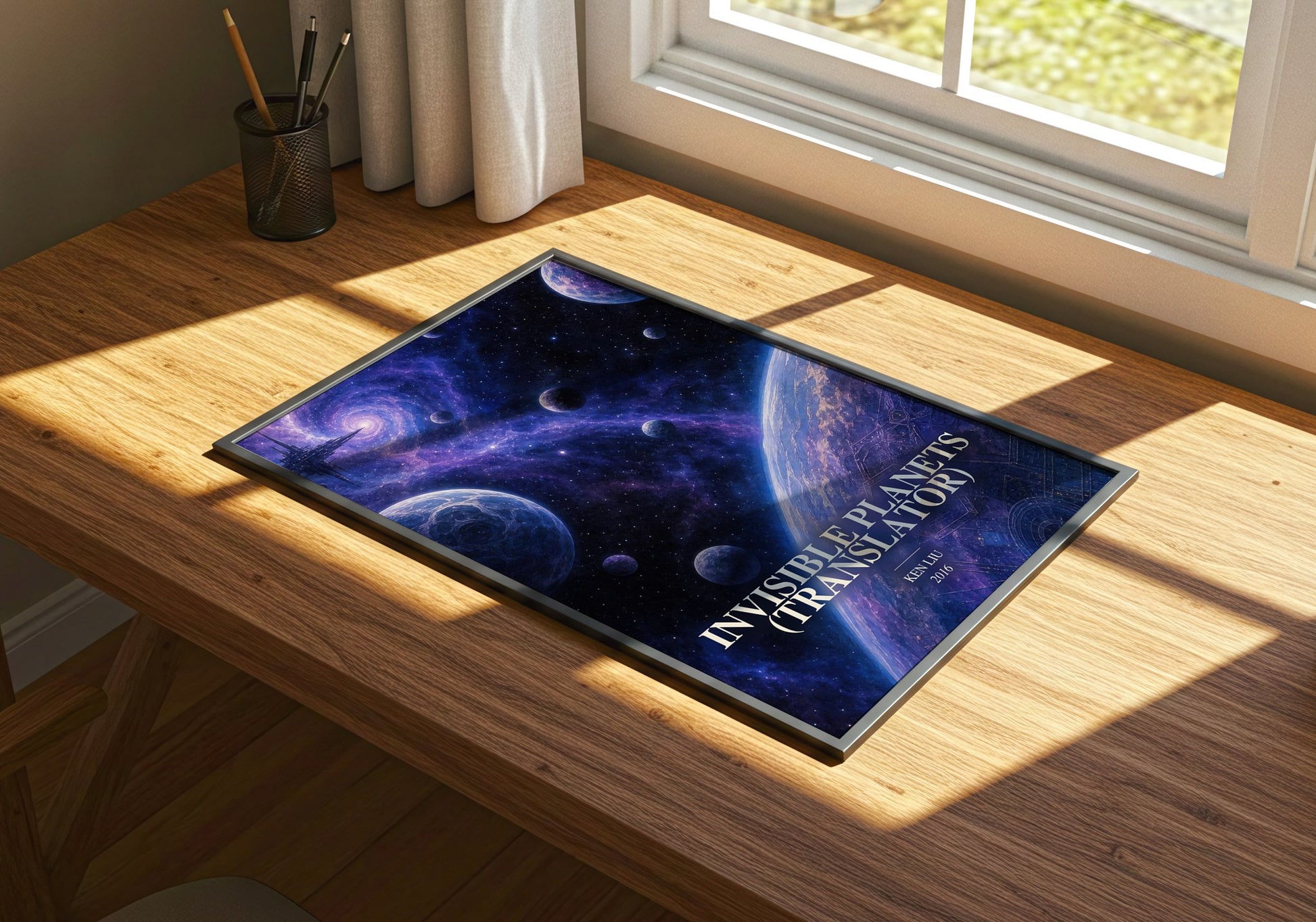 Invisible Planets (Translator) watercolour book poster framed on wall – sci fi wall art